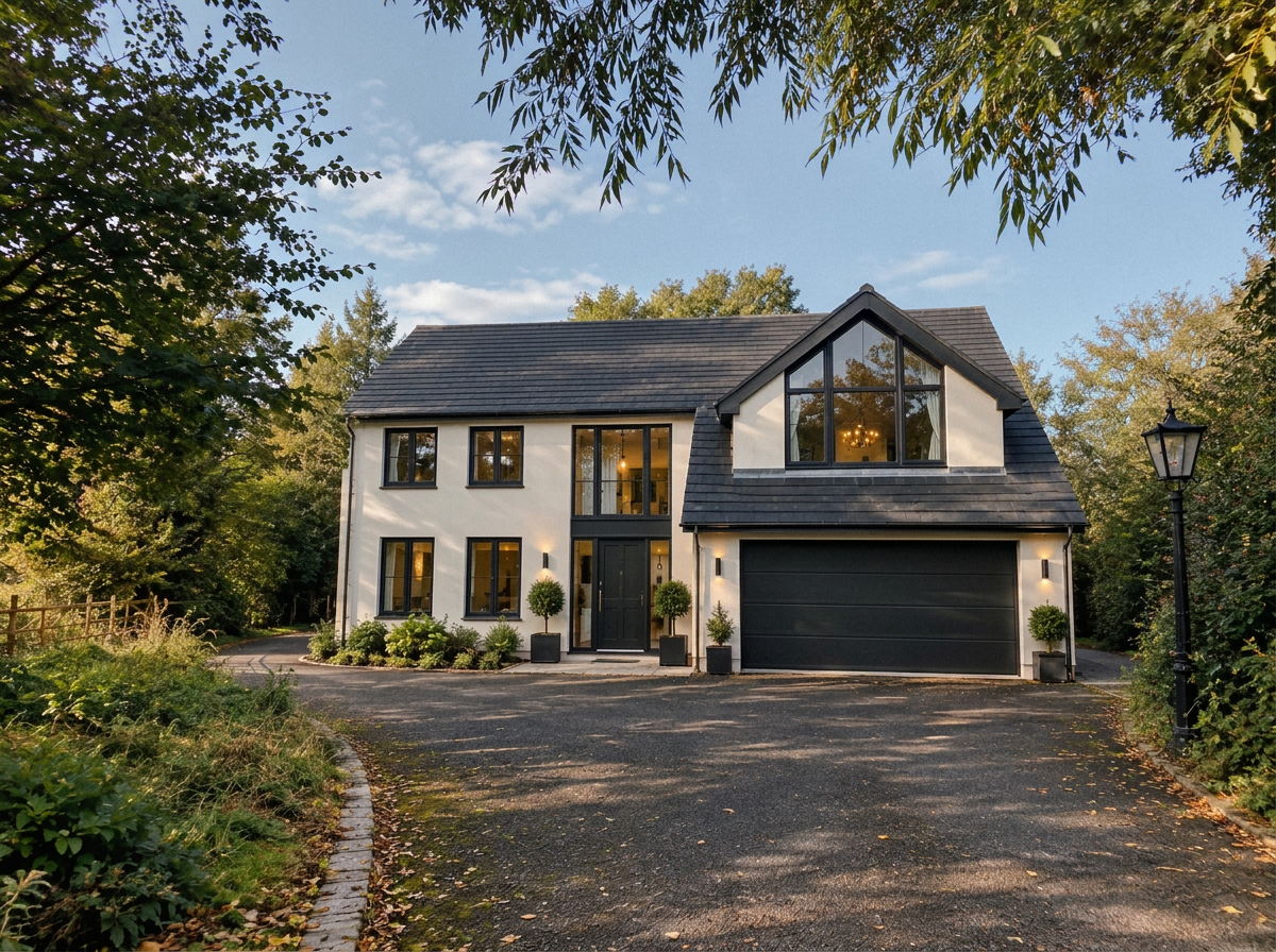 The completed house renovation in Poulton-le-Fylde, Lancashire, with a fresh white rendered exterior, dark grey roof, anthracite windows, integral garage and landscaped driveway