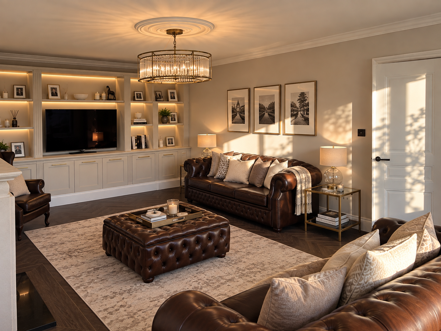 The refurbished living room with built-in media joinery, leather sofas, statement lighting and warm neutral tones