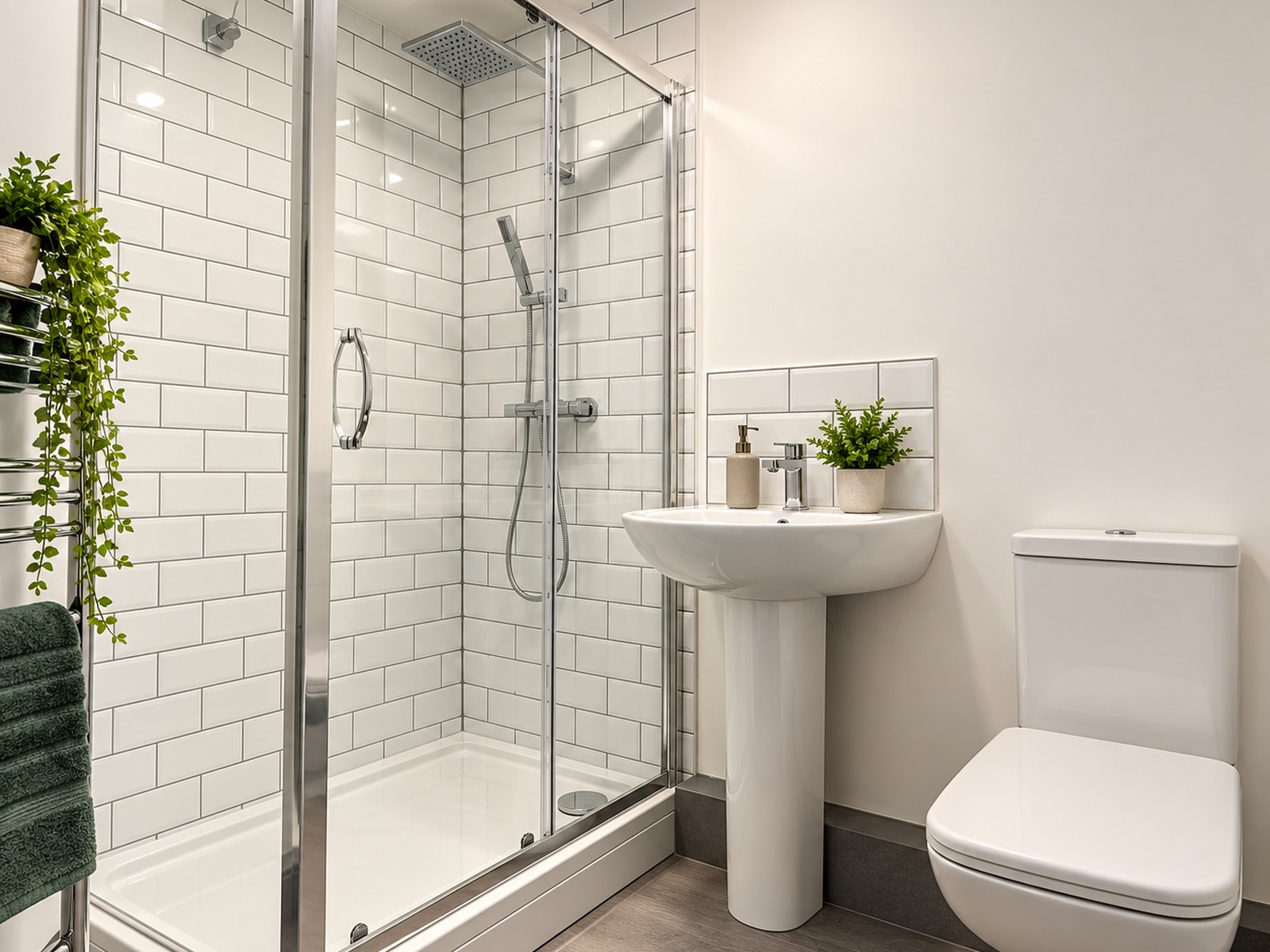 Refurbished apartment shower room with a glazed enclosure, white tiling, pedestal basin and chrome fittings