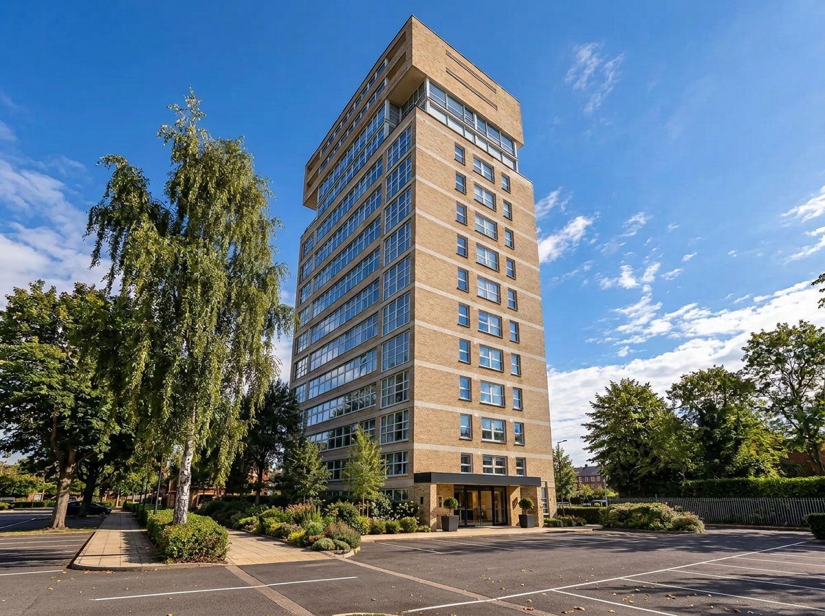 The refurbished twelve-storey apartment building in Ancoats, Manchester, with new cladding, extensive glazing, landscaped grounds and parking