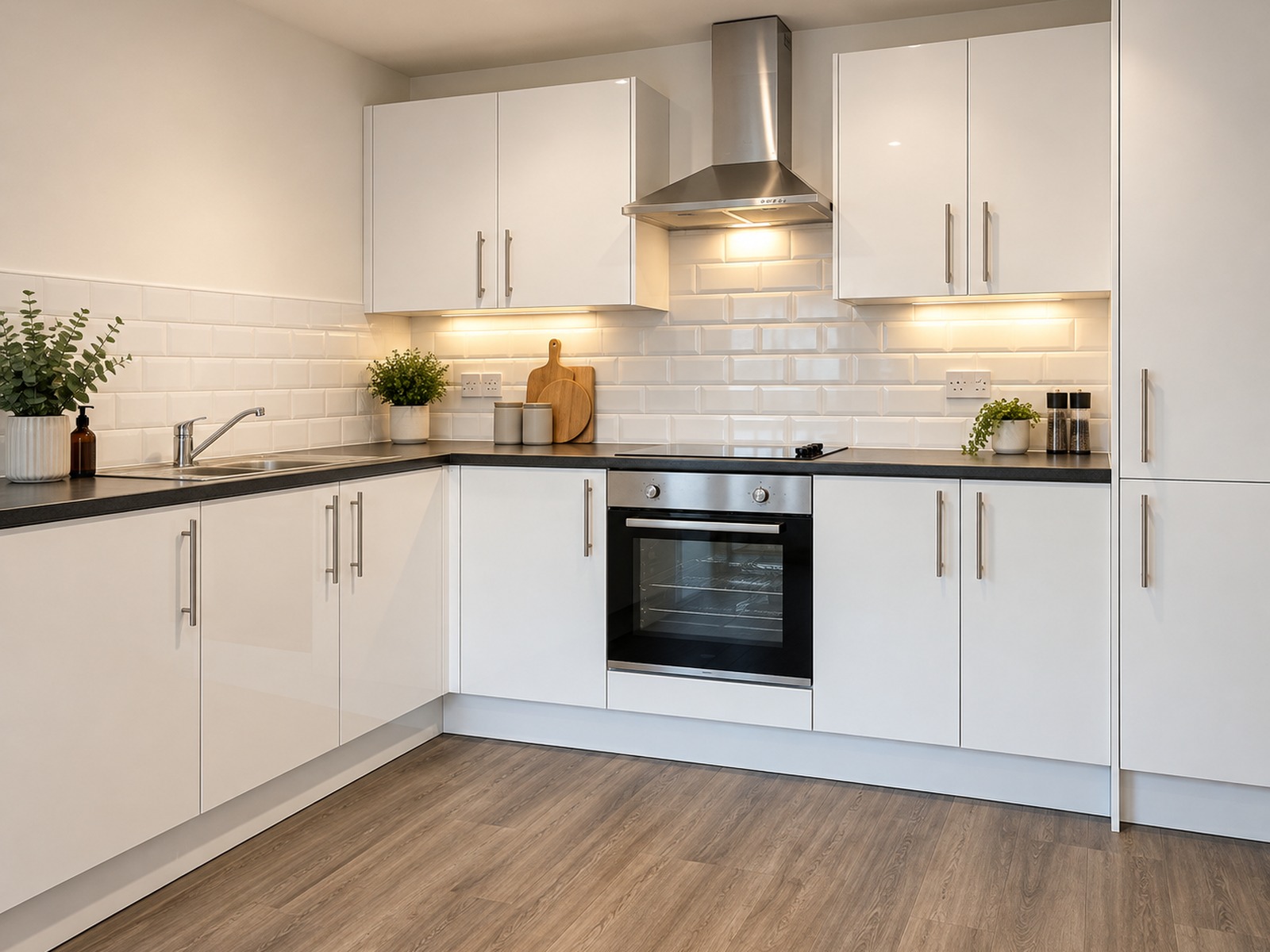 Refurbished apartment kitchen with white units, dark worktops, integrated oven, stainless steel extractor and wood-effect flooring