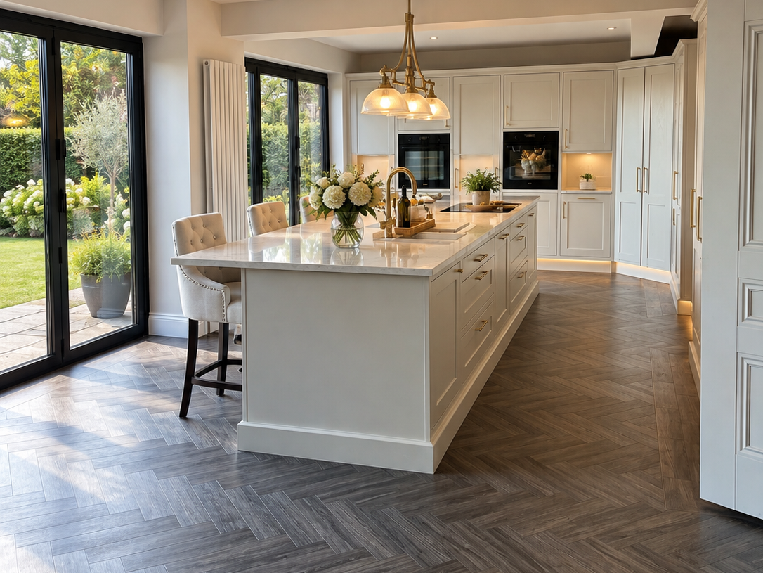 The bright new open-plan kitchen and dining area with shaker cabinetry, a large island, brass handles, pendant lighting and bifold doors opening to the garden