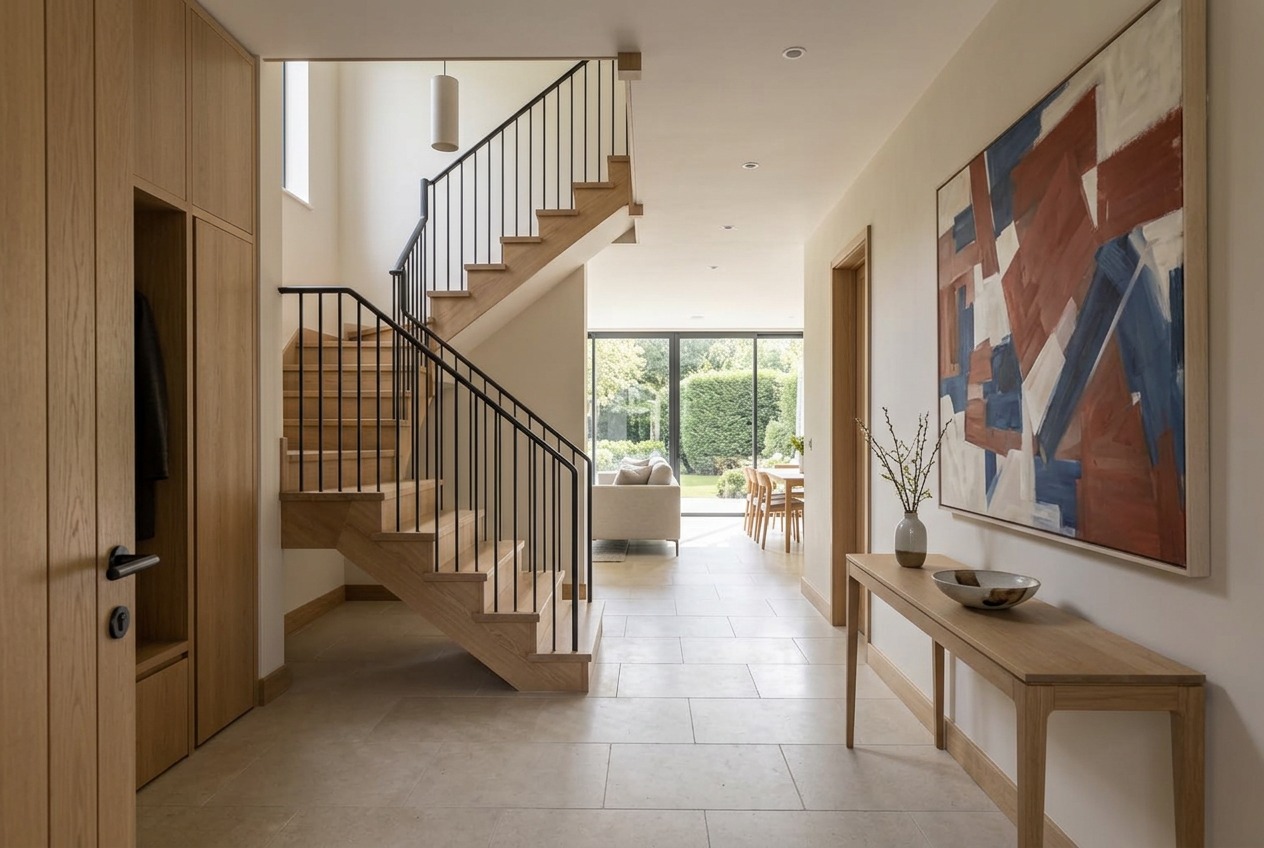 Illustrative contemporary entrance hallway with an oak staircase, abstract artwork and a view through to the living spaces and garden