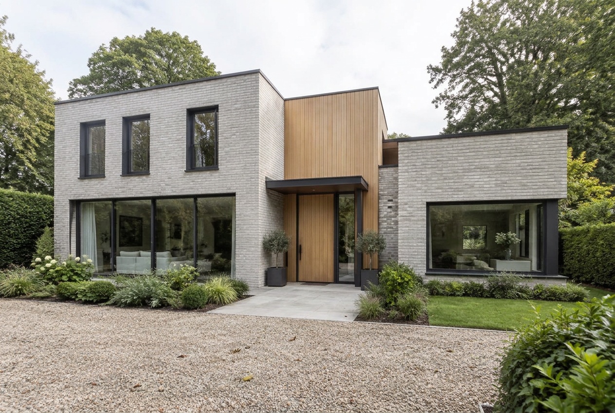 Illustrative contemporary Altrincham home with pale brickwork, an oak-clad entrance and relaxed planting beneath mature trees