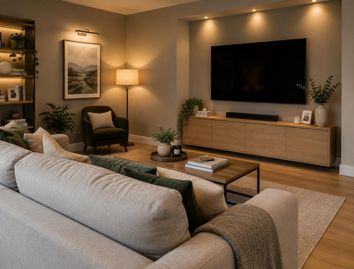 Open-plan living room in one of the converted Cheshire apartments, with a contemporary media wall, oak sideboard and a comfortable sofa