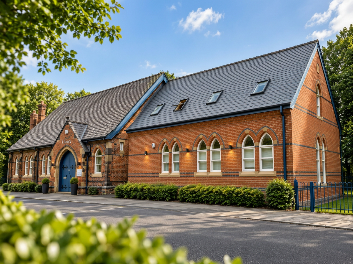 The completed Cheshire library, with the original red-brick building and its sensitively designed extension, arched windows and landscaped frontage