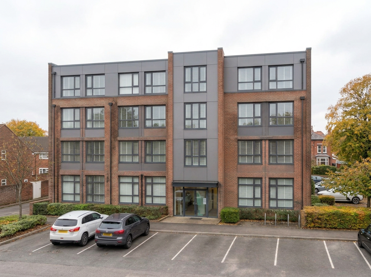Four-storey Cheshire office building converted to apartments, with red brickwork, grey cladding and marked residents' parking