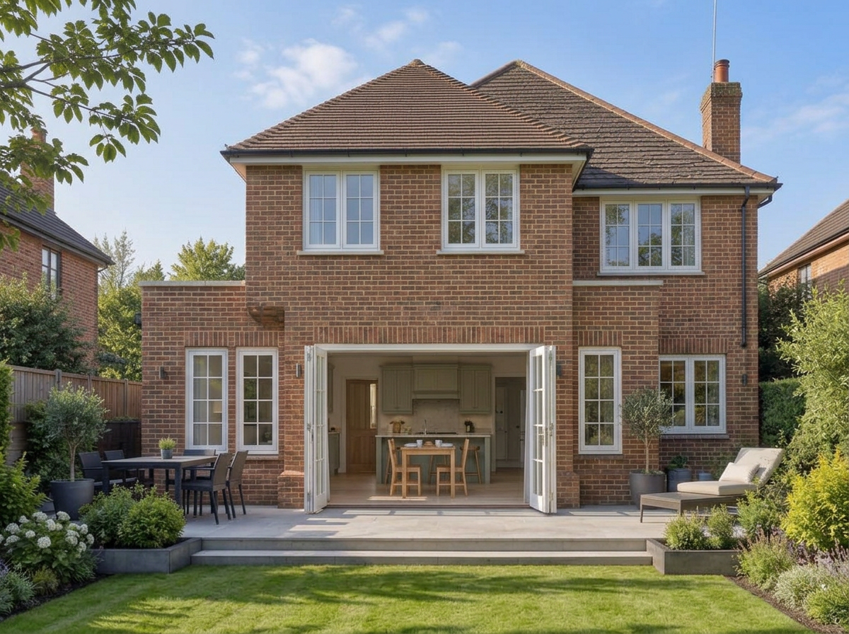 Illustrative Hale two-storey extension with matching brickwork, a pitched tiled roof and white bi-fold doors