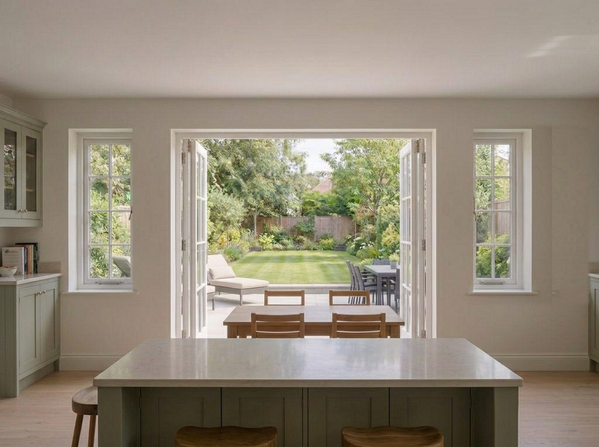 Illustrative Hale kitchen with single windows on both sides of white bi-fold doors, a sage island and an oak dining table overlooking the garden