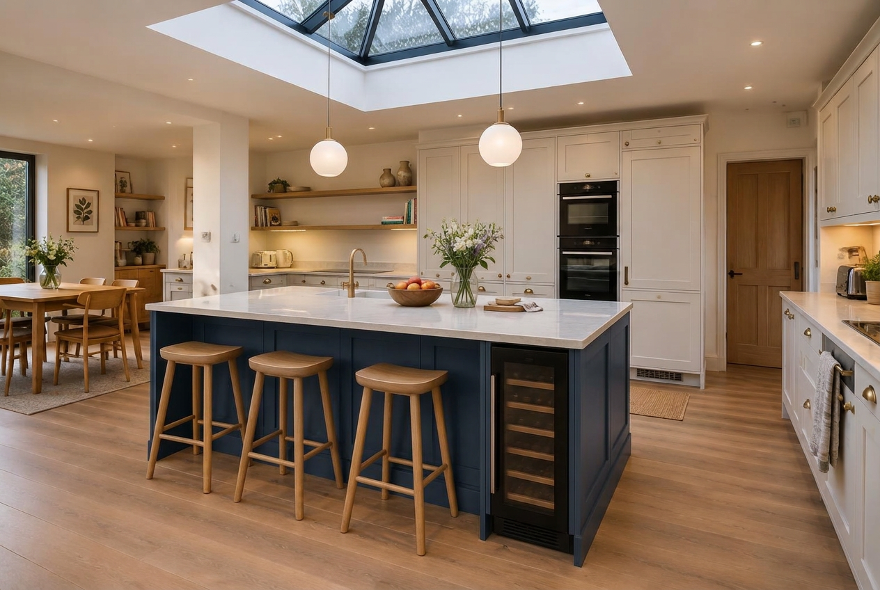 Illustrative family kitchen extension viewed towards integrated ovens, with a glazed roof lantern, pendant lighting, green island and wine fridge