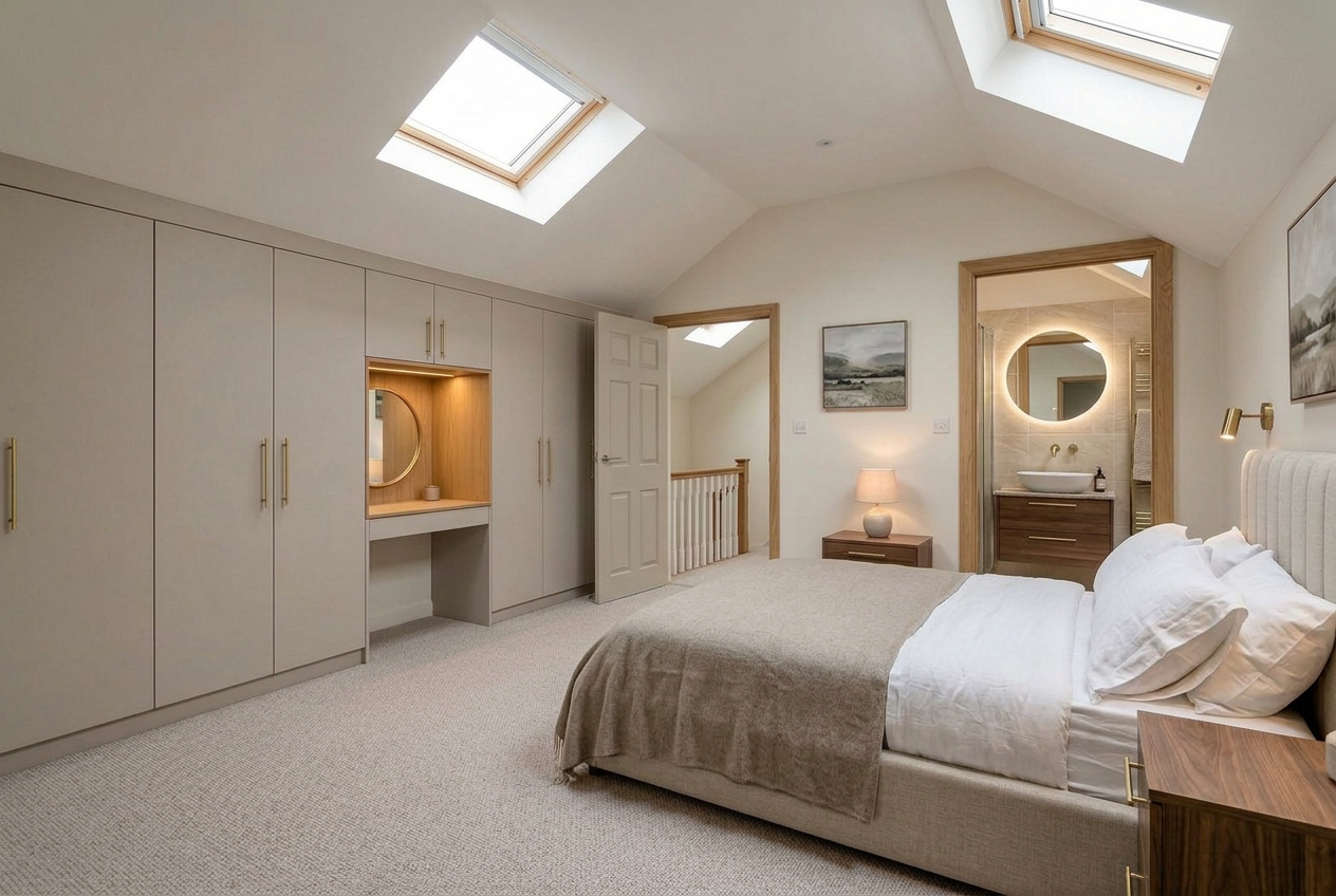 Illustrative spacious modern loft bedroom with rooflights, bespoke fitted wardrobes and dressing table, an upholstered bed, a separate stair landing and a luxurious en-suite