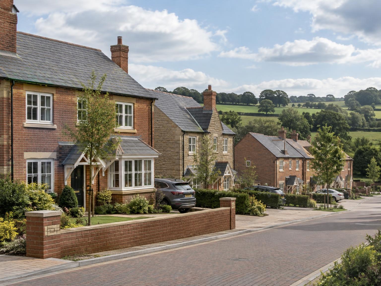 Illustrative view of the completed countryside development, with smart new brick and stone homes in a traditional local style alongside affordable housing, set against Lancashire fields