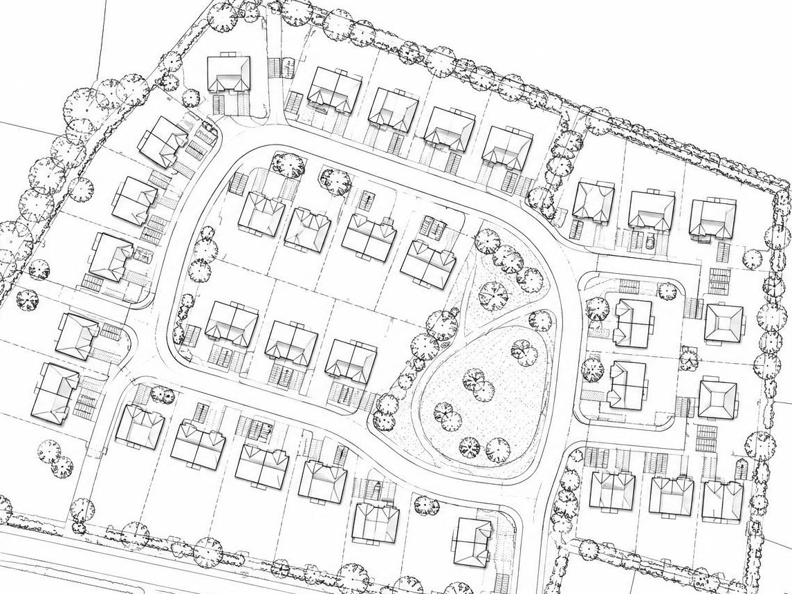 Professional site layout plan for the Lancashire residential development, showing the access road, house plots, parking areas, landscaped green space and tree screening