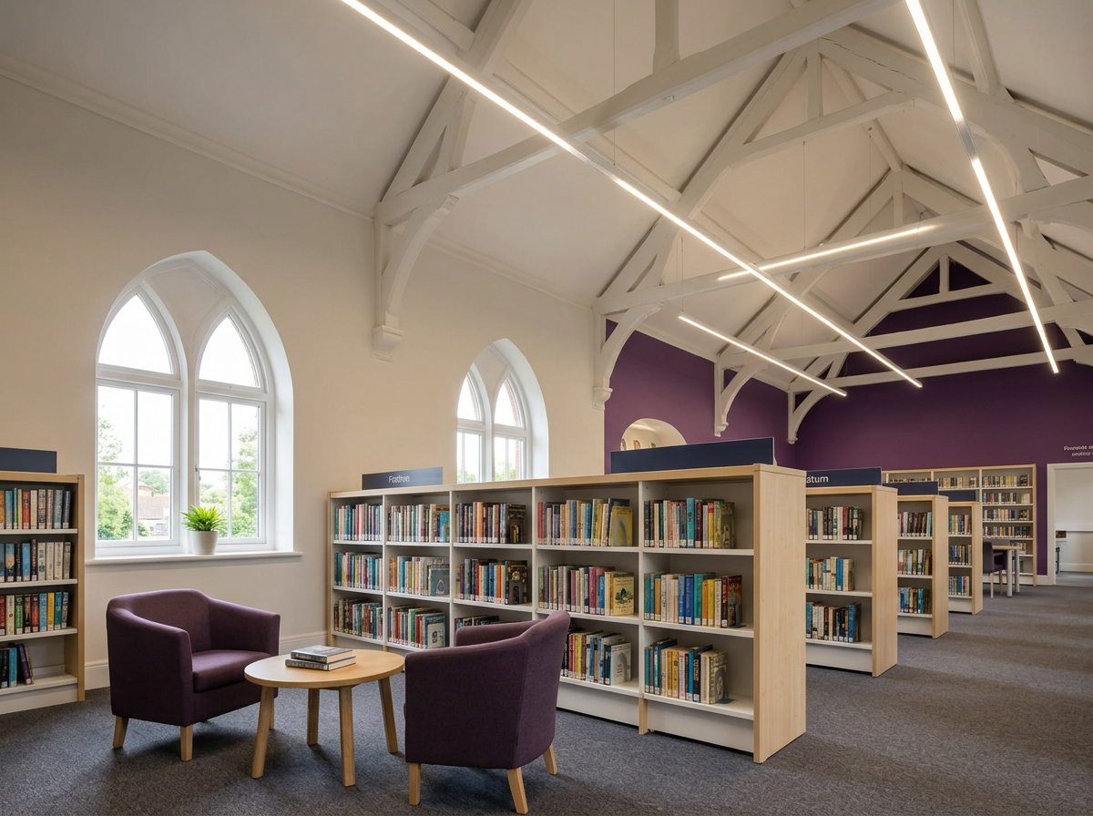 Library interior with pale timber shelving, purple lounge seating, an oak reading table, a vaulted white ceiling and linear lighting beneath Gothic arched windows