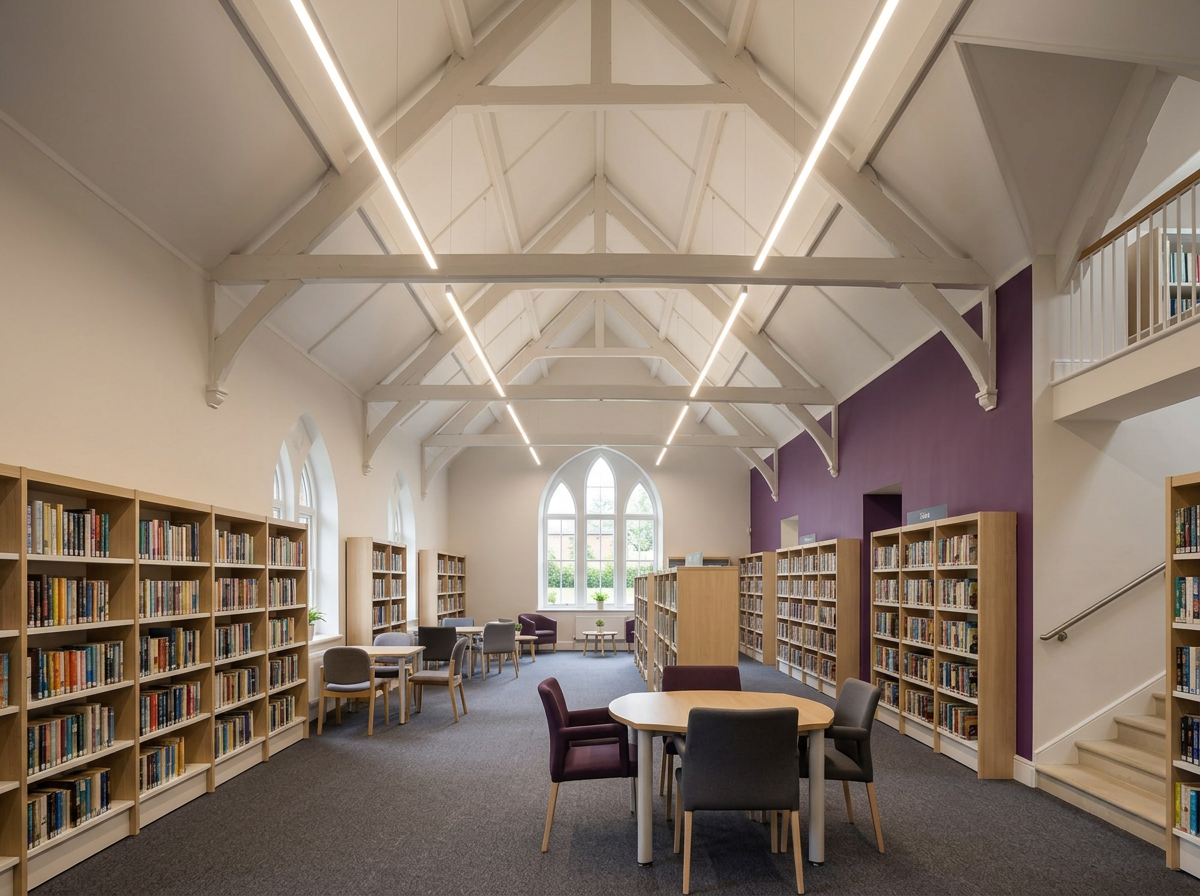 Wider library interior view showing shelving, study seating, a purple feature wall and daylight from the arched windows