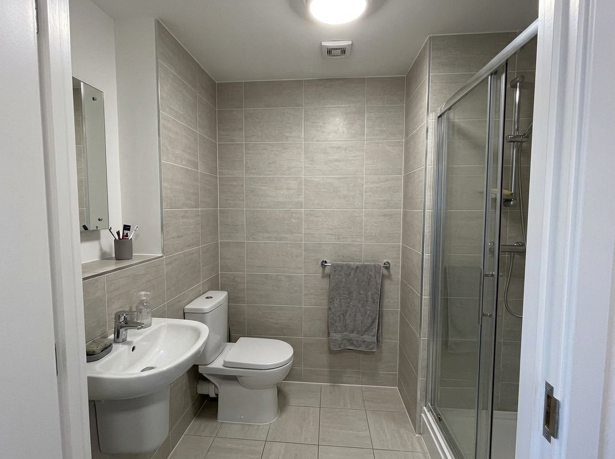 Illustrative student en-suite bathroom with a shower, basin and toilet