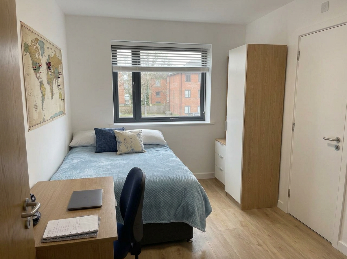 Illustrative tidy student bedroom with window blinds, a neatly made bed, oak-effect flooring and a closed en-suite bathroom door