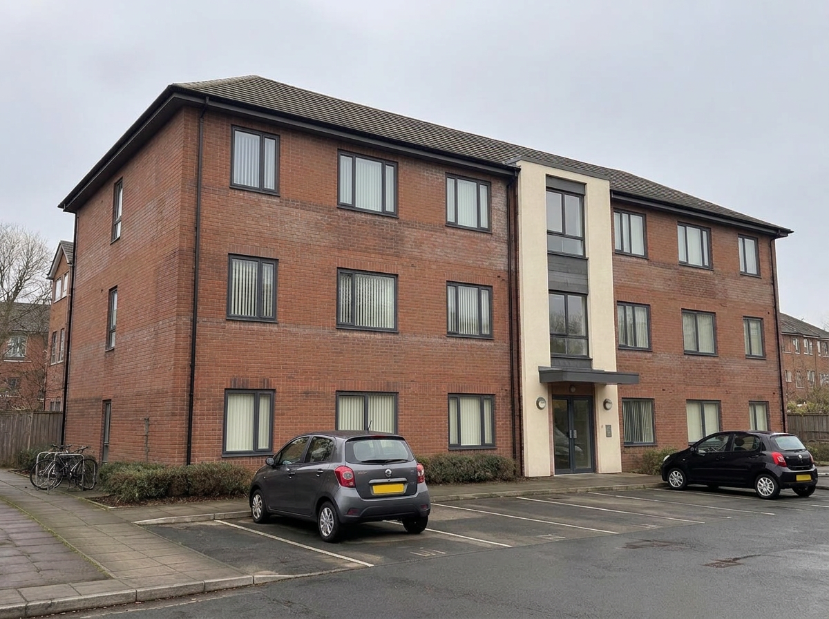 Illustrative modernised Liverpool student apartment building with cleaned brickwork and render, downstairs Venetian blinds and residents' parking