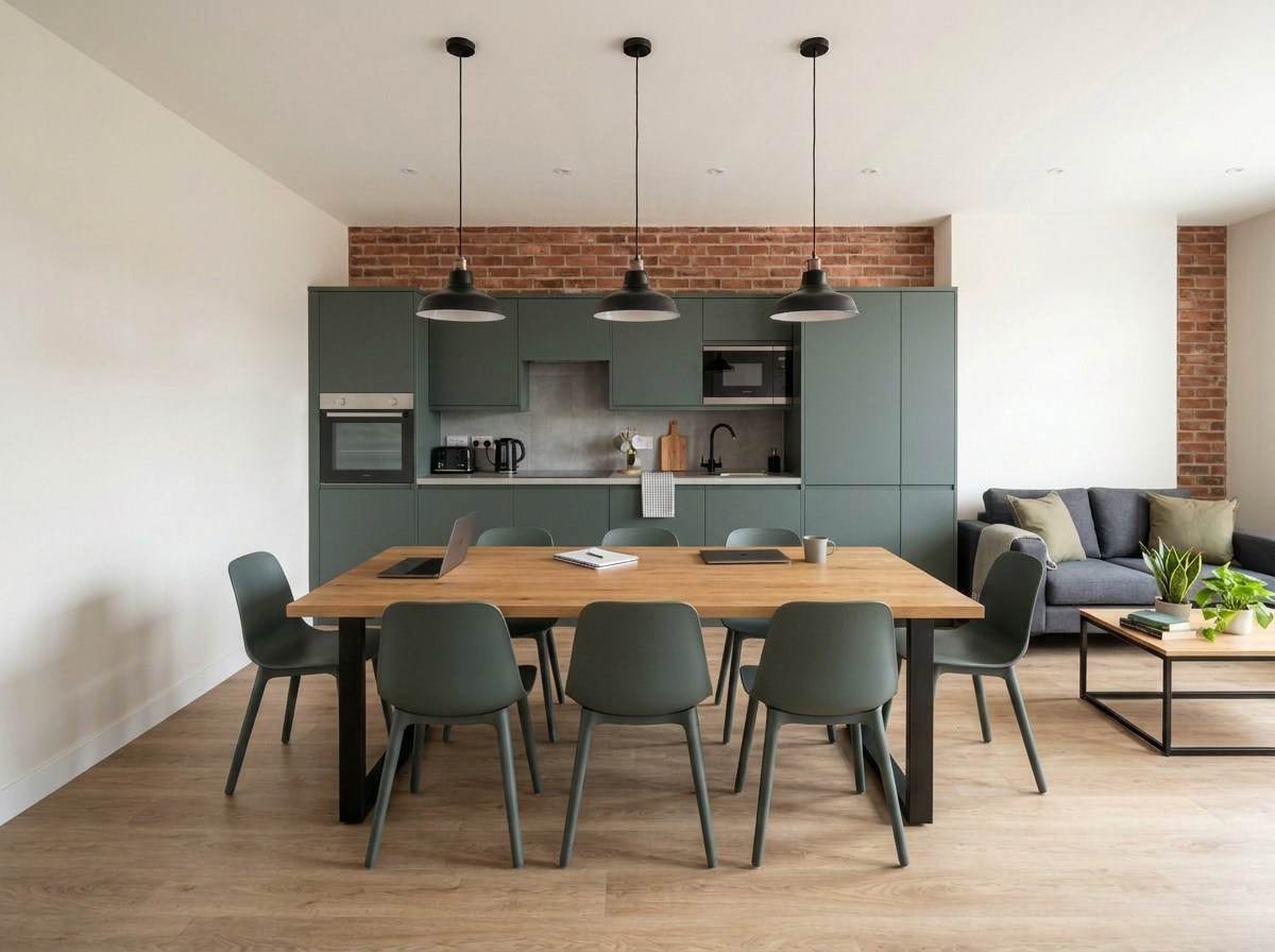 Illustrative industrial-style student hub with an exposed-brick kitchen, power sockets, microwave, olive dining chairs, oak communal table and comfortable sofa seating
