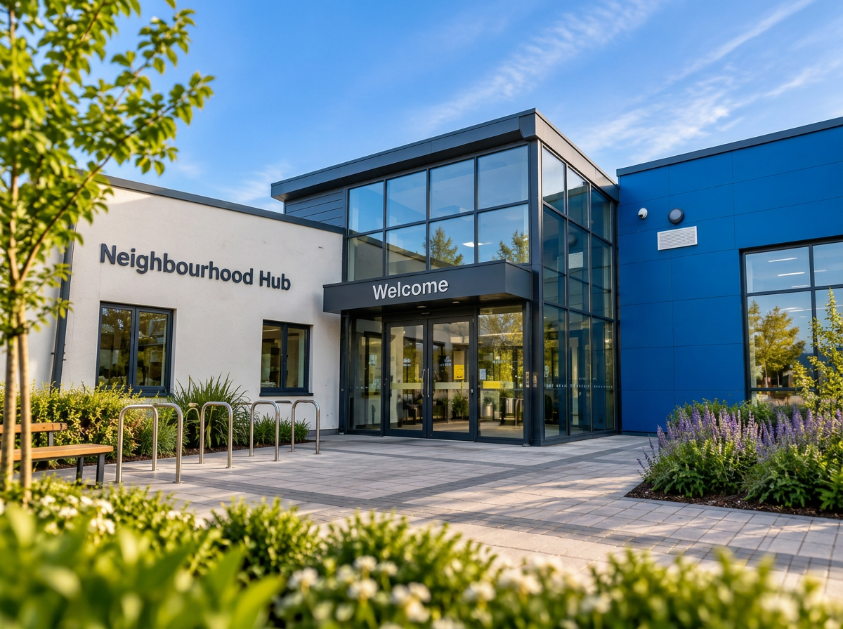The completed neighbourhood hub entrance, with a glazed reception, white and blue-clad wings, Neighbourhood Hub signage and a landscaped forecourt
