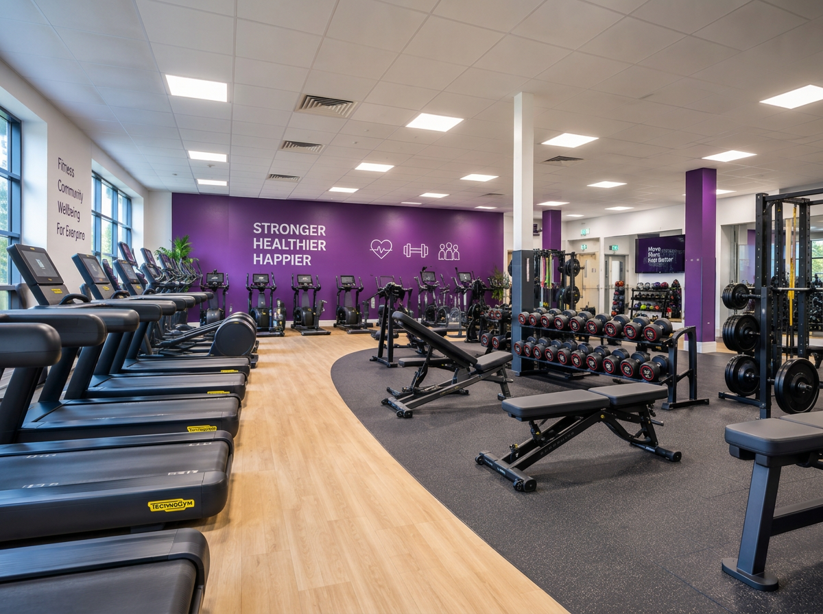 The new fitness suite with cardio equipment, free weights, resistance machines and a purple feature wall