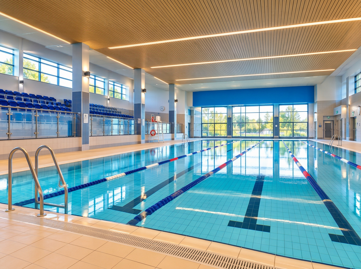 The refurbished community swimming pool with new lane ropes, tiling, spectator seating, slatted timber ceiling and large windows