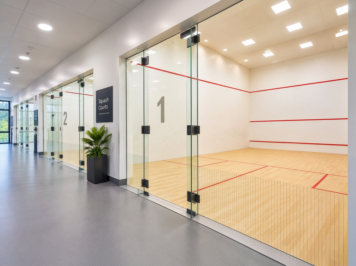 Three new glazed squash courts with sprung timber floors, seen from the leisure centre corridor