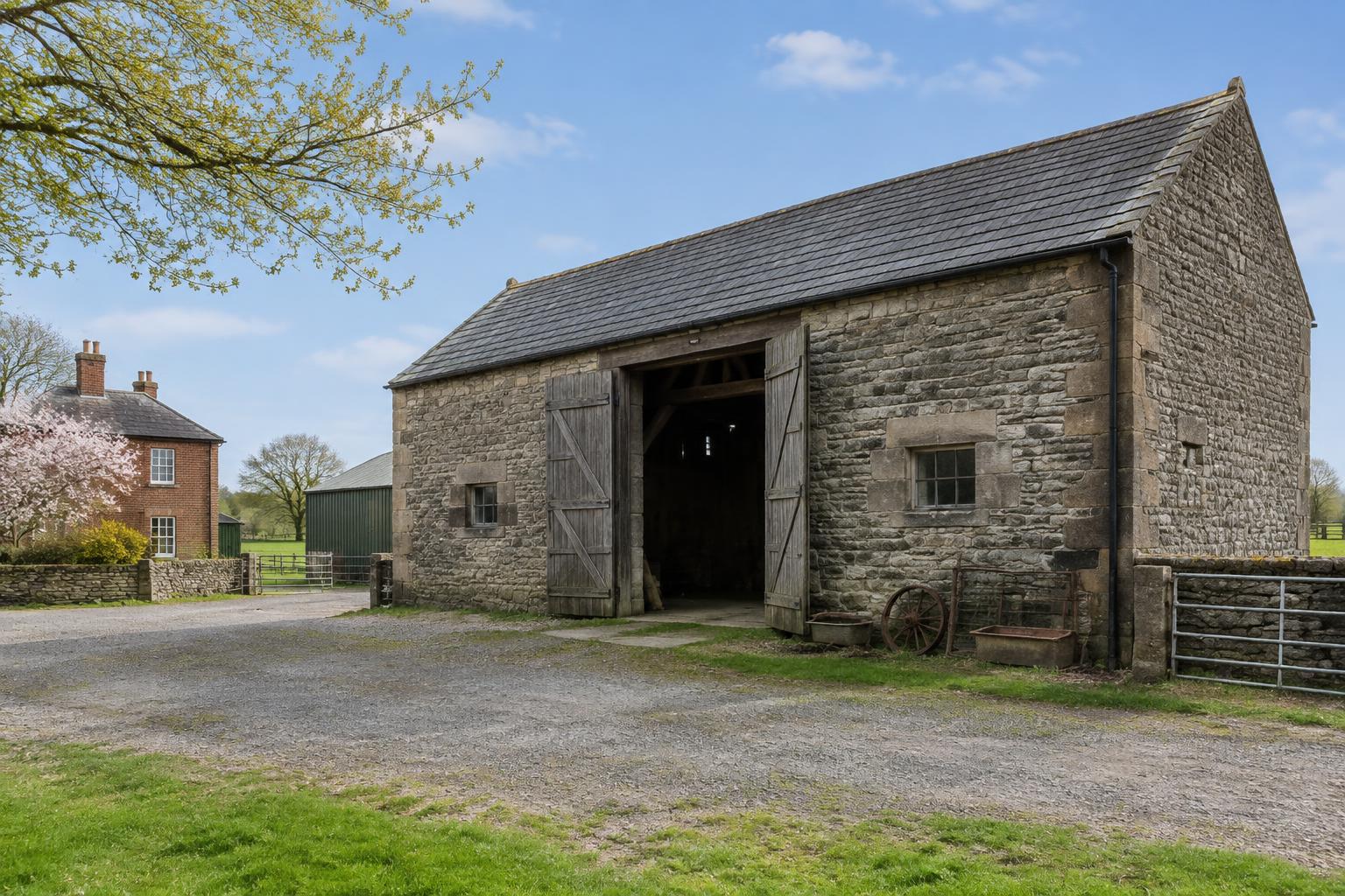 Illustrative stone agricultural barn before conversion, with timber cart doors, a slate roof and a family farmhouse in spring