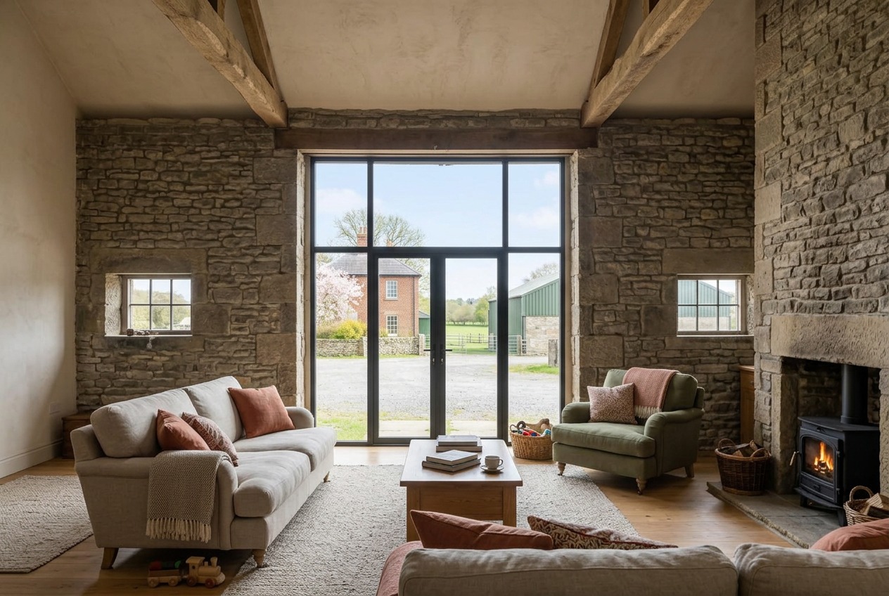 Illustrative converted barn living room with a double-height beamed ceiling, glazed cart opening, stone fireplace and comfortable family seating overlooking the farm