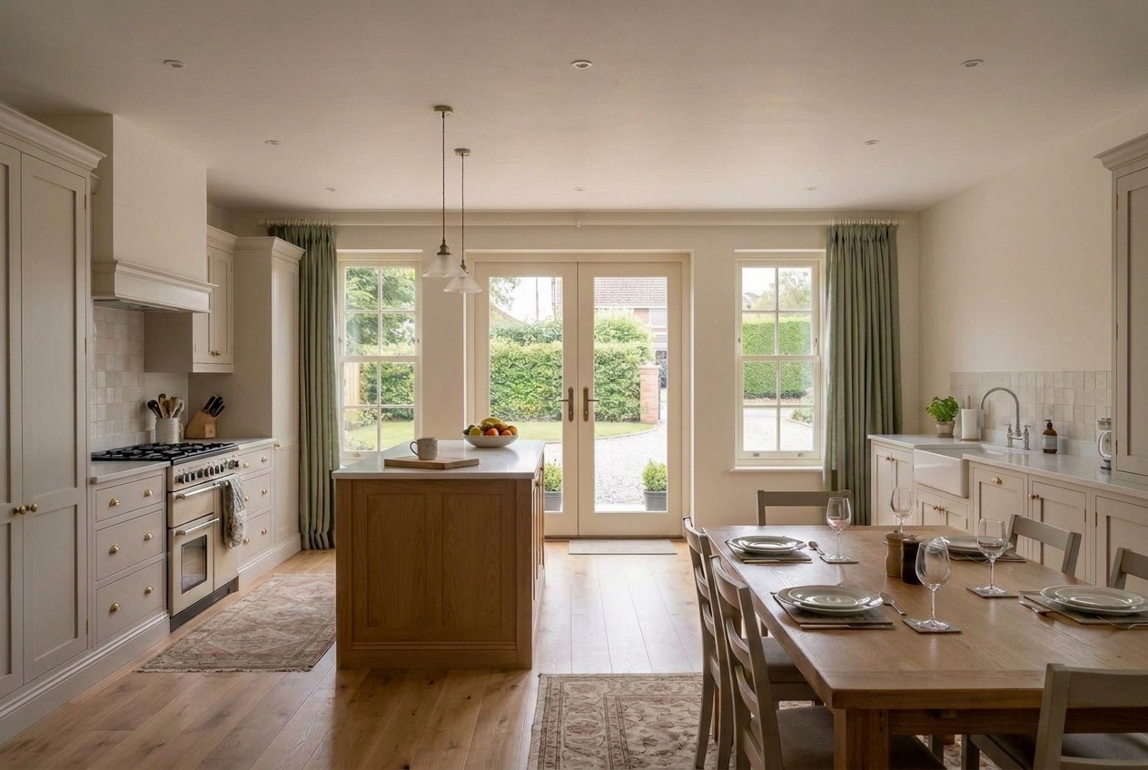 Illustrative traditional kitchen with ivory Shaker cabinetry, an oak island, a family dining table and white French doors overlooking a clear driveway