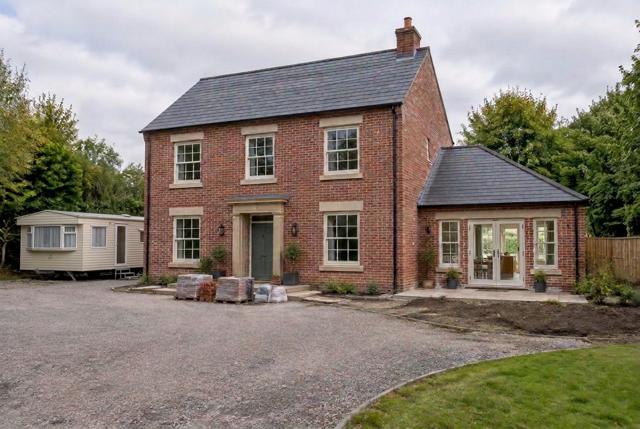 Illustrative traditional red-brick new-build home in Preston with an angled static caravan on the driveway and no scaffolding