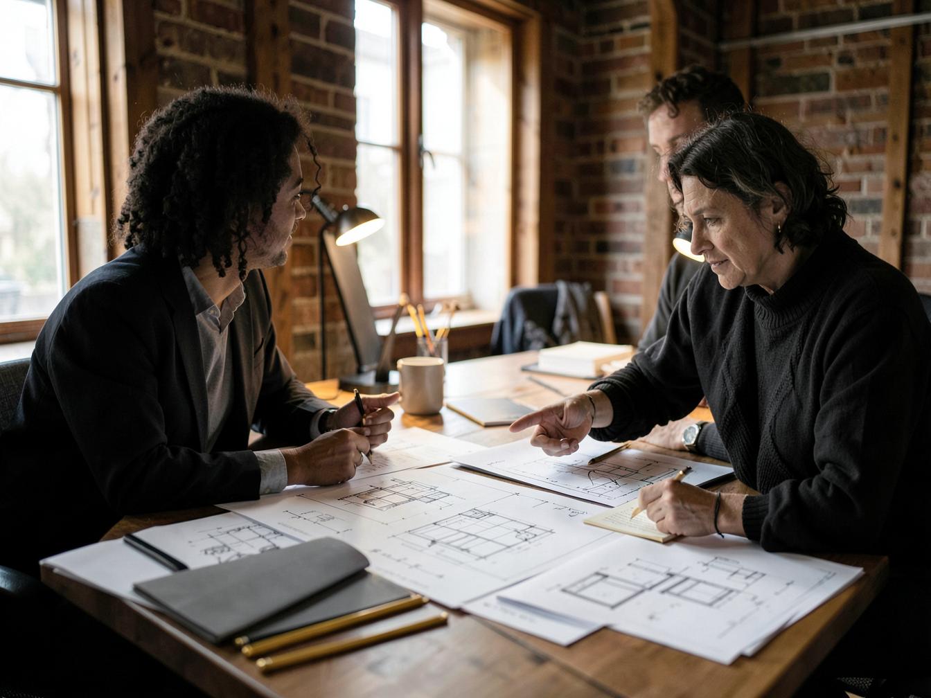 Project meeting reviewing architectural plans at Dansquare